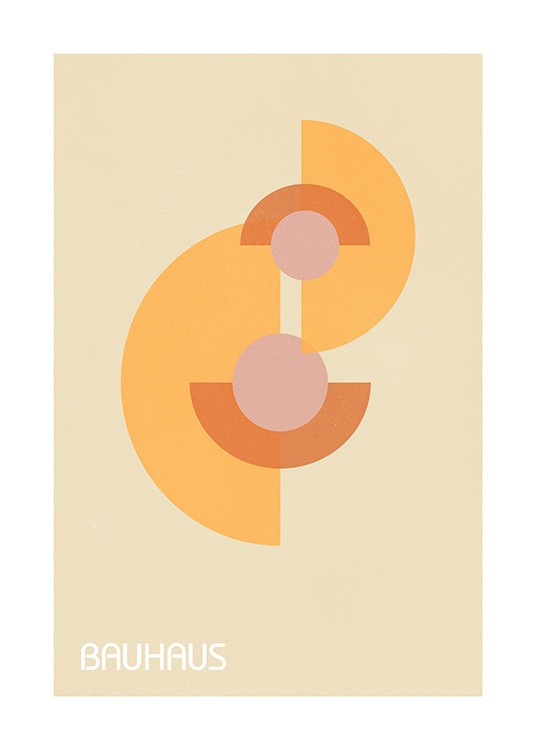  – Grafisk illustrasjon med geometriske former i oransje og rosa, med ordet Bauhaus under