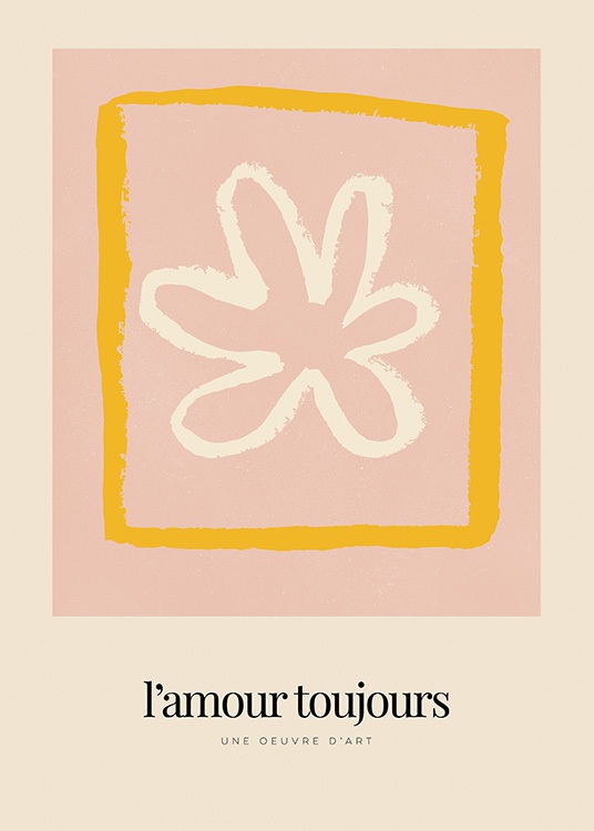  – Illustrasjon med en hvit blomst i en oransje firkant mot en rosa og beige bakgrunn, med tekst under