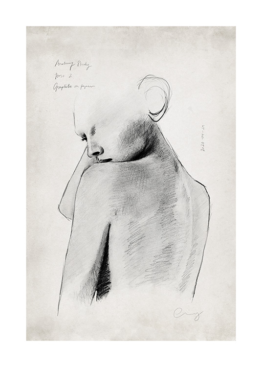  – Skisse av en håndtegnet, naken kvinne omgitt av liten tekst mot en beige bakgrunn