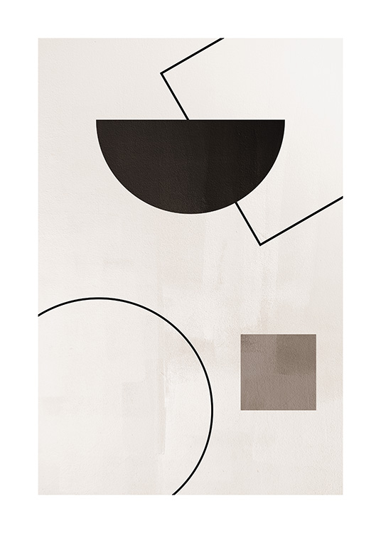  – Grafisk illustrasjon med brune og svarte geometriske former og linjer mot en beige bakgrunn