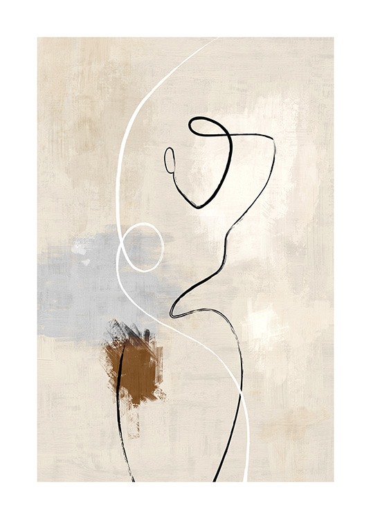  – Illustrasjon av en kropp i svart line art mot en spettete bakgrunn i beige med blå og brune detaljer