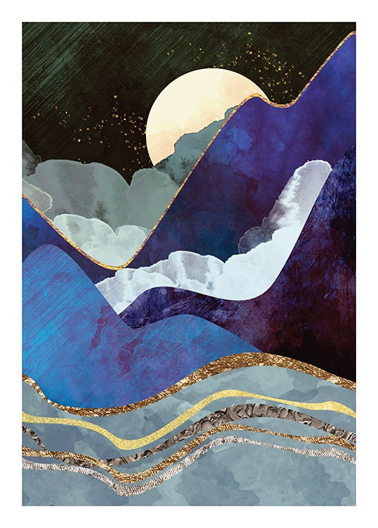  – Grafisk illustrasjon av mørkeblå fjell med gulldetaljer, med en måne i bakgrunnen