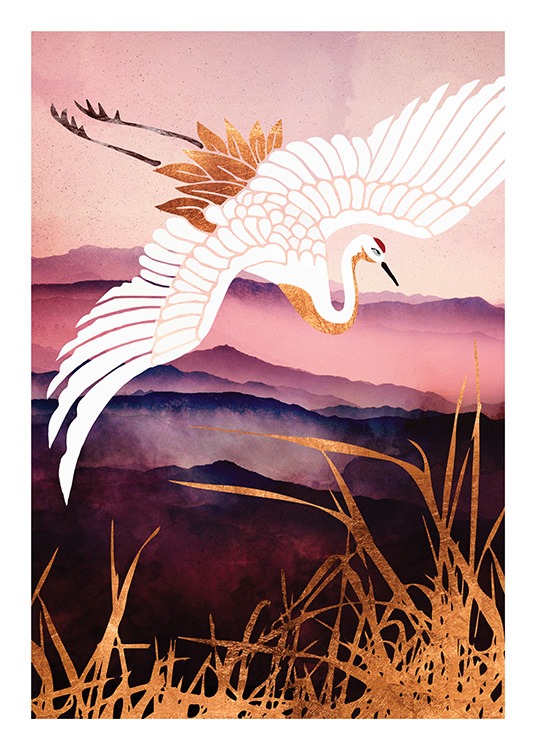  – Grafisk illustrasjon av en hvit og gyllen trane som flyr over gyllent gress og rosa og lilla enger