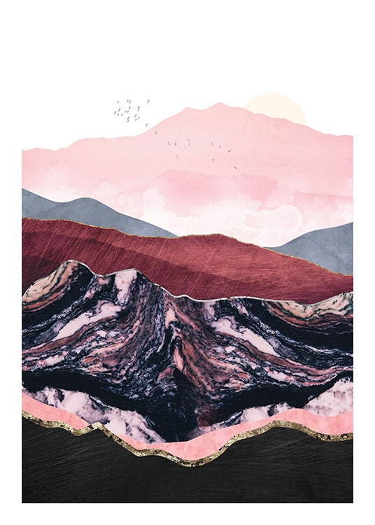 – Grafisk illustrasjon av fugler over fjell i lilla, rosa og rødt med gylne detaljer