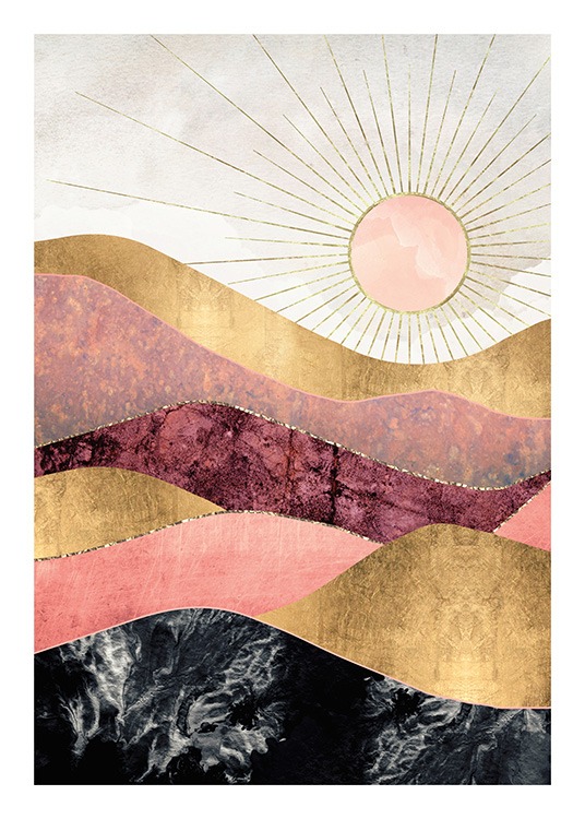  – Grafisk illustrasjon av fjell i rosa, rødt og svart, med gylne detaljer og en sol i bakgrunnen