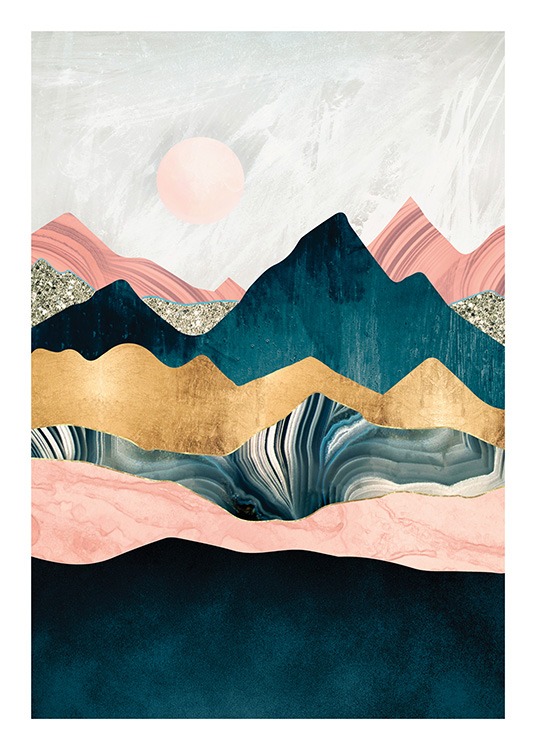  – Grafisk illustrasjon av rosa, blå og gylne fjelltopper med en rosa sol i bakgrunnen