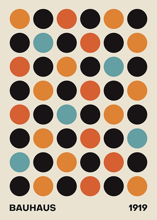  – Grafisk illustrasjon med svarte, røde, oransje og blå sirkler mot en beige bakgrunn