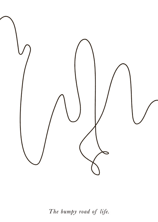  – Line art-tegning med en virvlende, svart linje mot en hvit bakgrunn, med tekst nederst