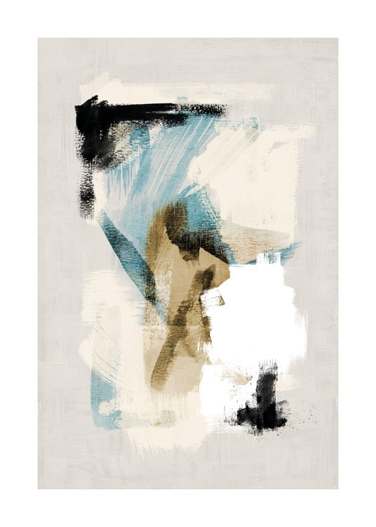 – Maleri med abstrakte penselstrøk i hvitt, blått, beige og svart mot en beige bakgrunn