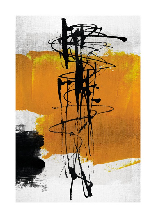  – Svarte og gule abstrakte former og virvler mot en lysegrå bakgrunn