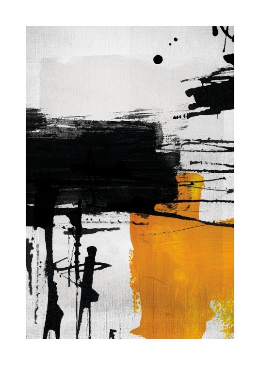  – Abstrakte former i svart og gult mot en lysegrå bakgrunn