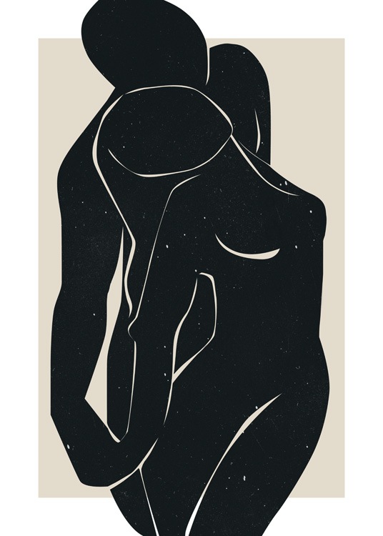  – Grafisk illustrasjon av to nakne kropper i svart, med små, hvite prikker, mot en beige bakgrunn