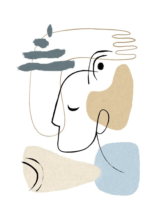  – Illustrasjon med abstrakte former i blått og beige, og en hånd og et ansikt i line art mot en hvit bakgrunn