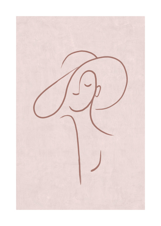  – Line art-illustrasjon av en kvinne iført en hatt, mot en rosa, spettete bakgrunn