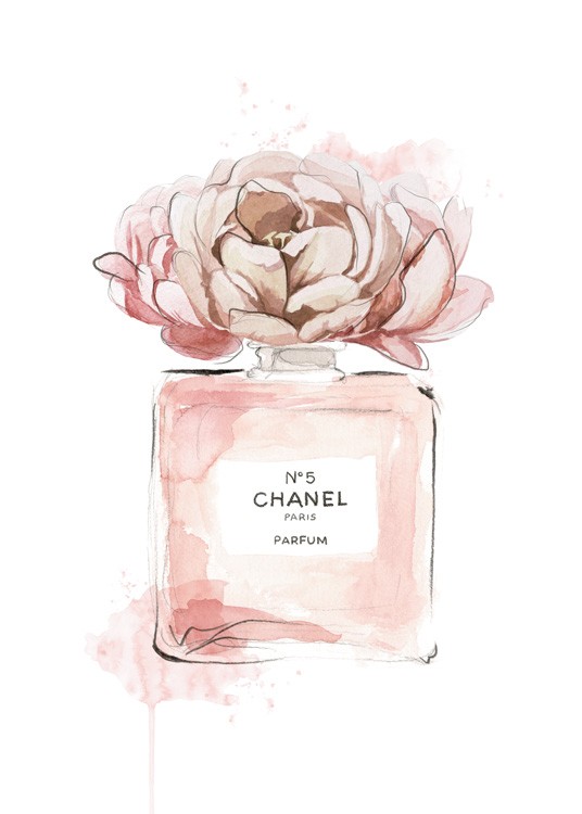  – Akvarell av en rosa parfymeflaske med en rosa blomst på
