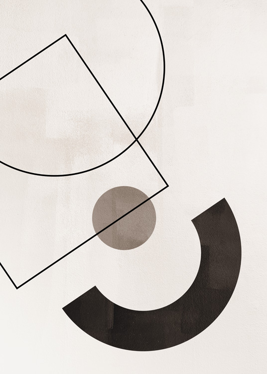  – Grafisk illustrasjon med svarte og brune rektangler og sirkler mot en beige bakgrunn