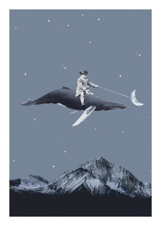 – Grafisk illustrasjon av en hval som flyer over fjell mens det sitter barn på den