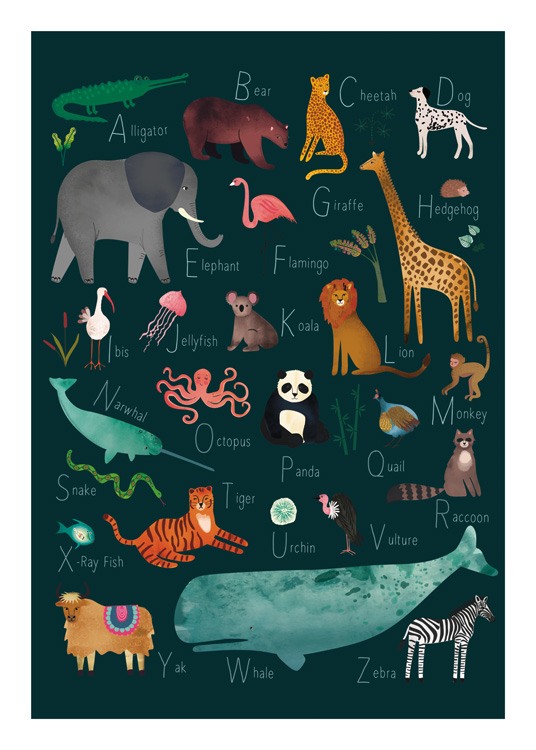  – Illustrasjon av dyr mot en grønn bakgrunn, med navn som starter med hver bokstav i alfabetet