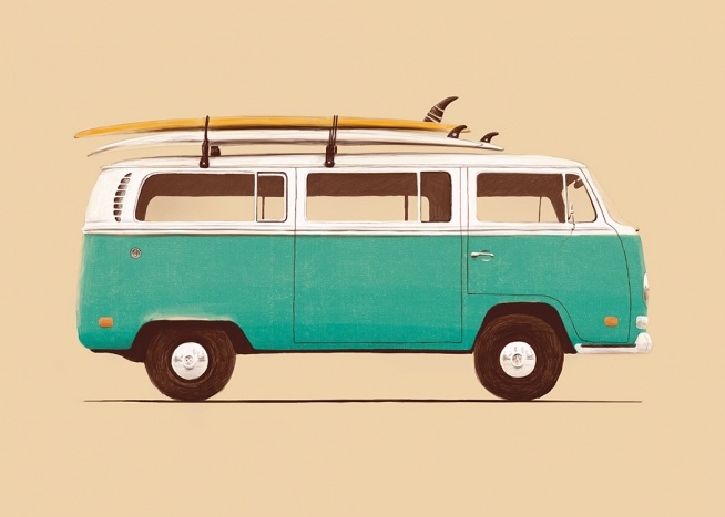  – Illustrasjon av en gammel buss i grønt og hvitt, med surfebrett på taket