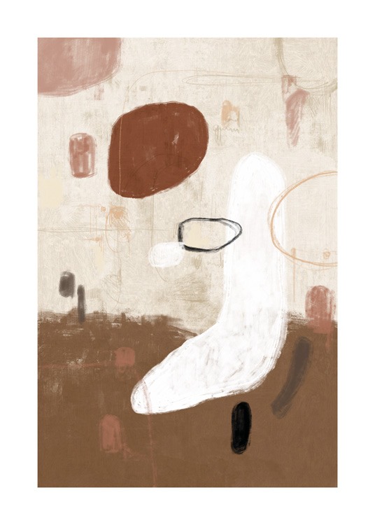  – Abstrakt maleri med figurer i hvitt, brunt og rosa mot en beige bakgrunn