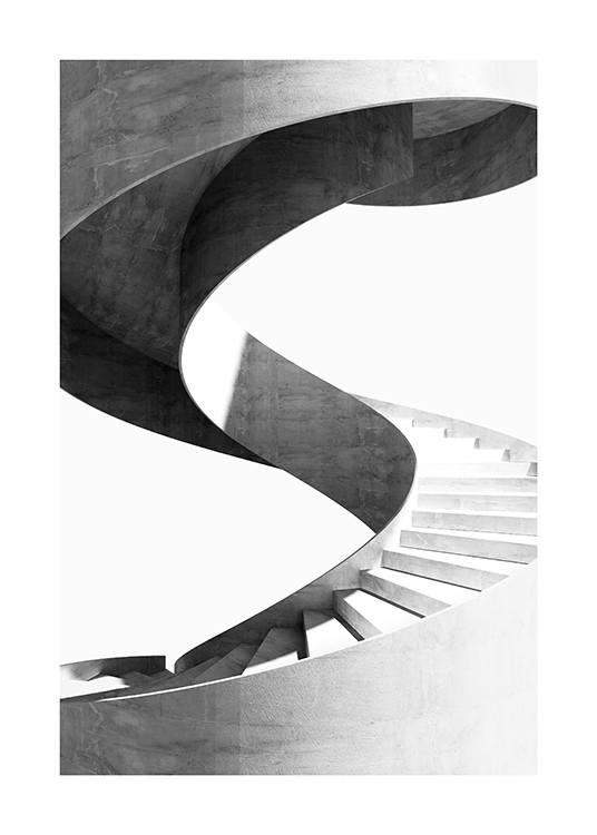  – Svarthvitt-fotografi av en spiraltrapp i marmor mot en hvit bakgrunn
