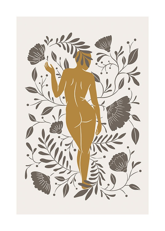  – Grafisk illustrasjon av en oransje, naken kvinne sett bakfra, omgitt av brune blomster og blader
