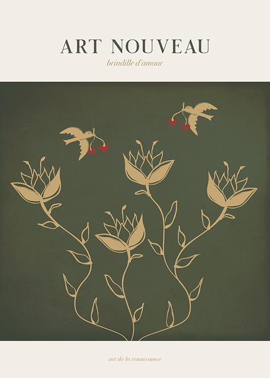  – Illustrasjon med blomster og fugler i beige mot en grønn og beige bakgrunn