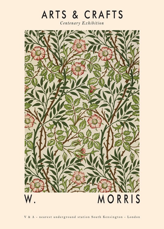  – Illustrasjon med et mønster av grønne blader og røde blomster mot en beige bakgrunn