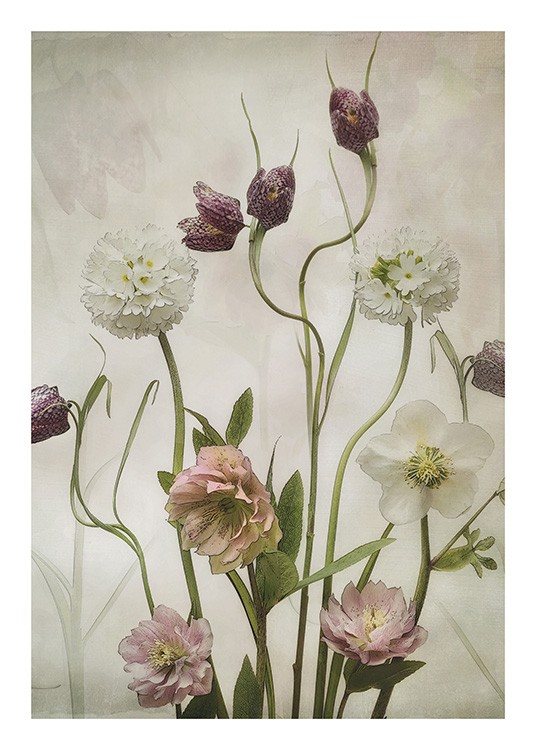 – Maleri av en bukett villblomster i hvitt, lilla og rosa mot en beige bakgrunn