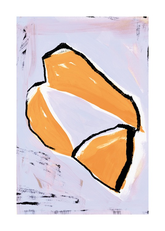  – Illustrasjon med en abstrakt form i oransje, med svart og hvit silhuett mot en lilla bakgrunn