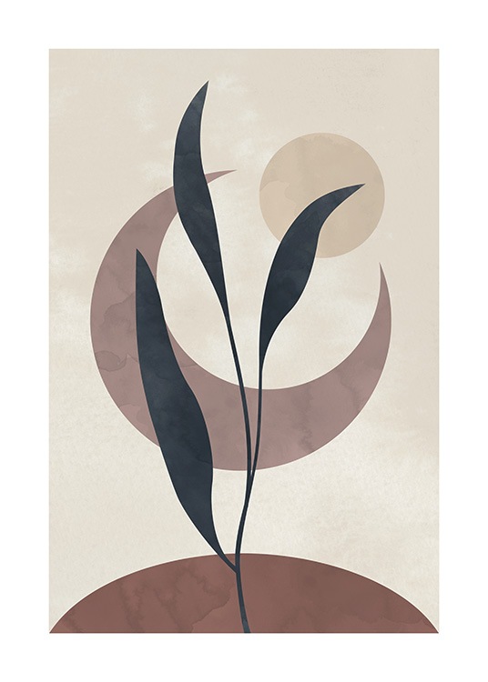  – Grafisk illustrasjon av en grein med blader i grått, med brune former bak, mot en beige bakgrunn