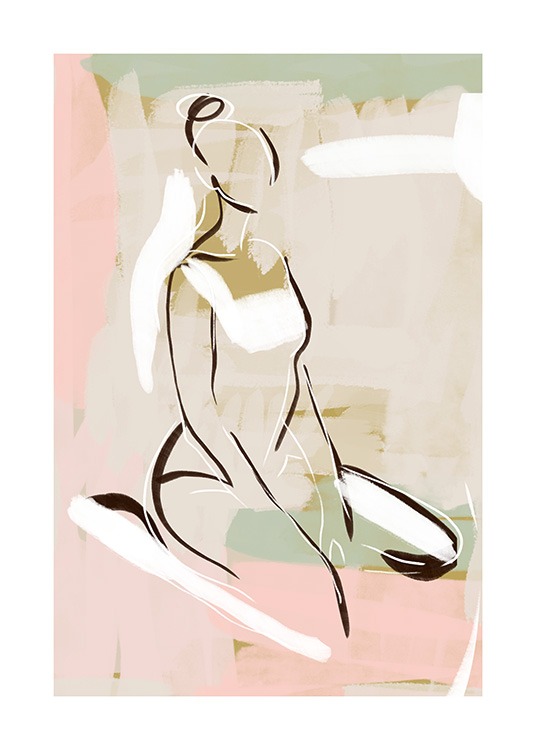  – Tegning av en kvinne som sitter, tegnet i line art mot en rosa og lysegrønn bakgrunn