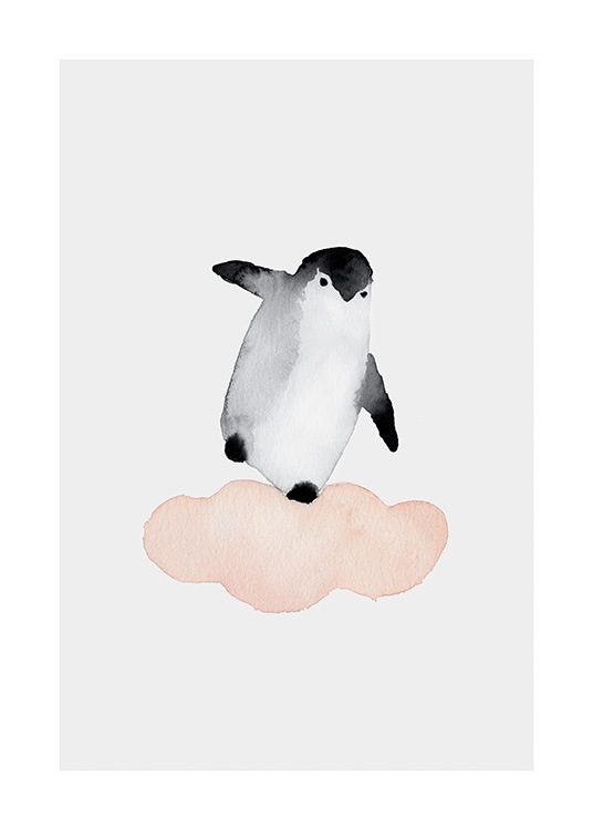  – Akvarell av en pingvin som balanserer på en rosa sky, mot en lysegrå bakgrunn