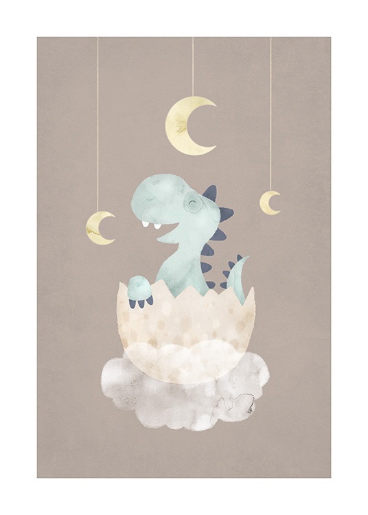  – Illustrasjon av en liten, blå dinosaur i et egg på en sky, mot en brun bakgrunn