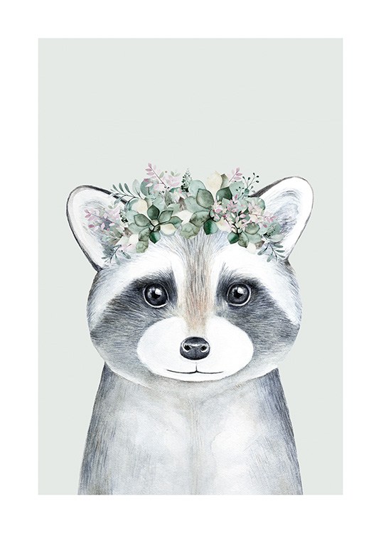  – Illustrasjon av en grå babyvaskebjørn med blomsterkrans, mot en lysegrønn bakgrunn