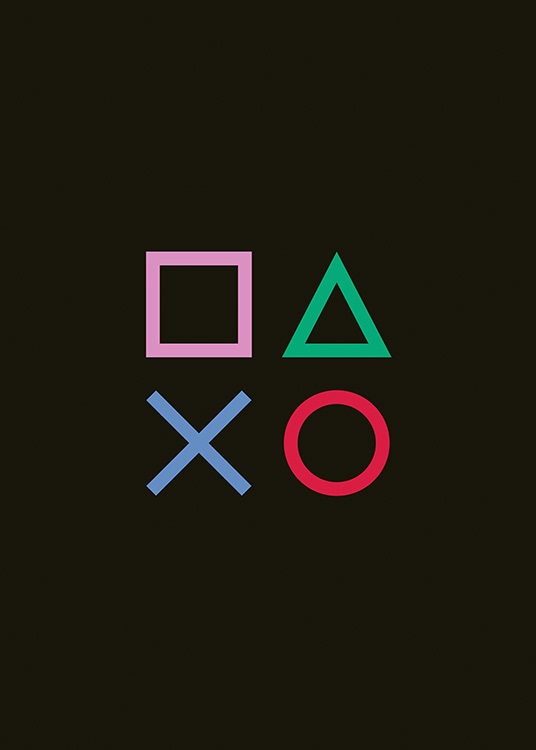  – Grafisk illustrasjon med symboler fra spillkontroller i rosa, grønt, blått og rødt, mot en svart bakgrunn