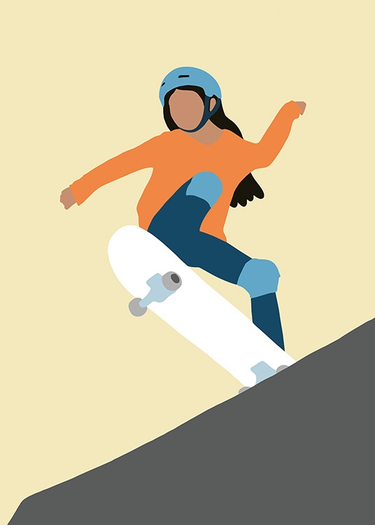  – Grafisk illustrasjon av en jente på et skateboard, iført en blå hjelm og en oransje skjorte