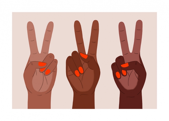  – Grafisk illustrasjon av hender med røde negler som viser fredstegnet, mot en lyserosa bakgrunn