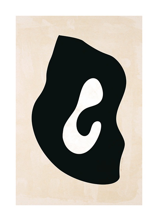  – Grafisk illustrasjon med en abstrakt form i svart med hvitt senter, mot en lys beige bakgrunn