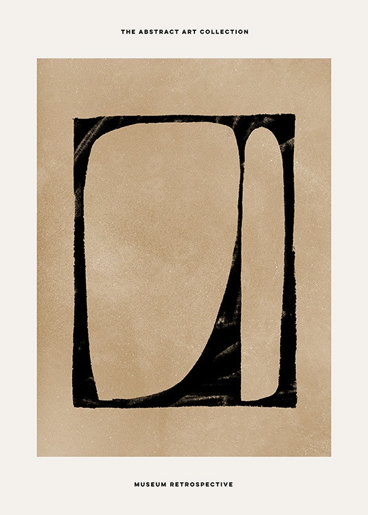  – Abstrakt maleri med en svart form mot en beige bakgrunn, med tekst øverst og nederst
