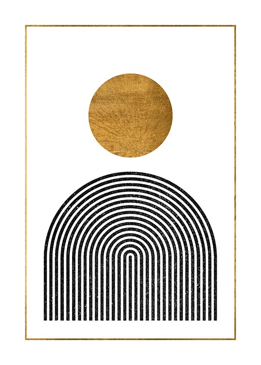  – Grafisk illustrasjon med en gyllen sirkel over en svart bue mot en hvit bakgrunn