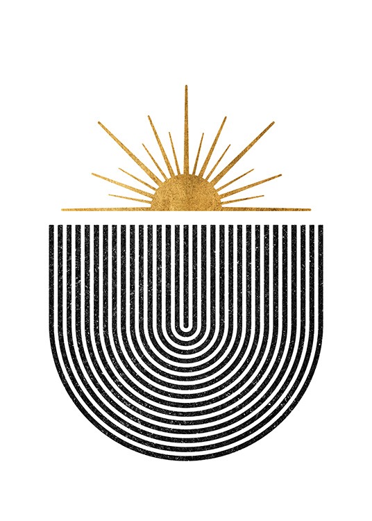 – Grafisk illustrasjon av en gyllen sol som står opp over en svart bue