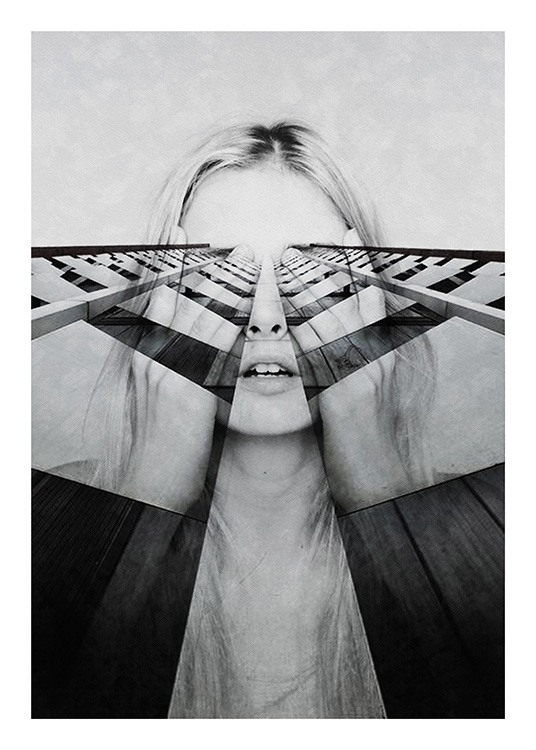  – Svarthvitt-fotografi av en kvinne som holder hendene over øynene