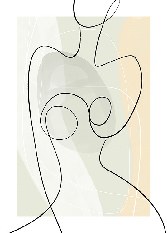  – Abstrakt, grafisk illustrasjon med en kropp i line art mot en lysegrønn og gul bakgrunn med hvite linjer