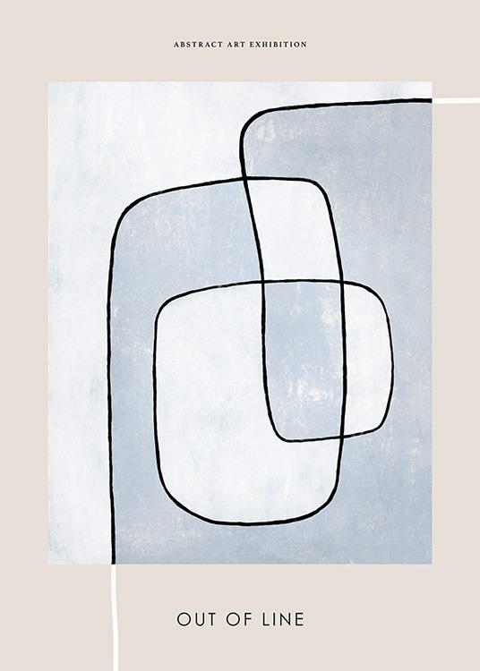  – Maleri med en abstrakt svart linje mot en blå og beige bakgrunn, med tekst øverst og nederst