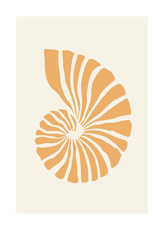  – Grafisk illustrasjon av et skjell i oransje mot en lys beige bakgrunn