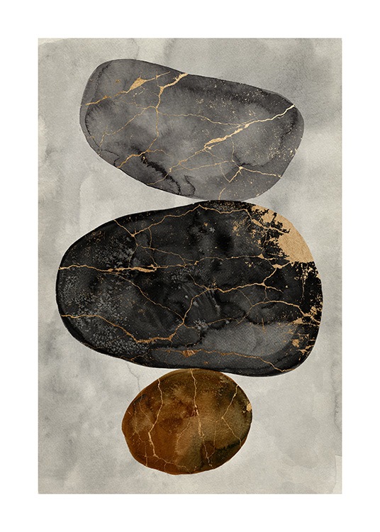  – Akvarell av grå og brune steiner med sprekker i gull, mot en lysegrå bakgrunn