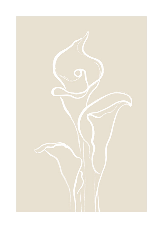  – Illustrasjon av tre hvite calla-liljer mot en beige bakgrunn