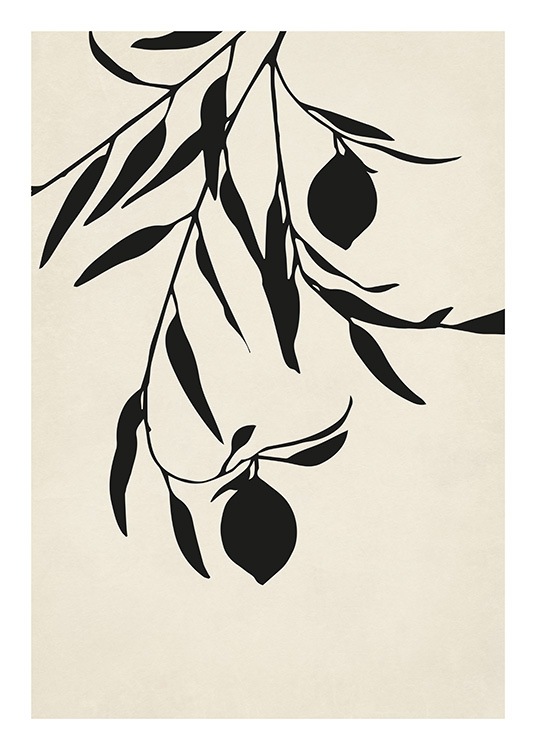  – Grafisk illustrasjon av svarte blader, sitroner og greiner mot en beige bakgrunn