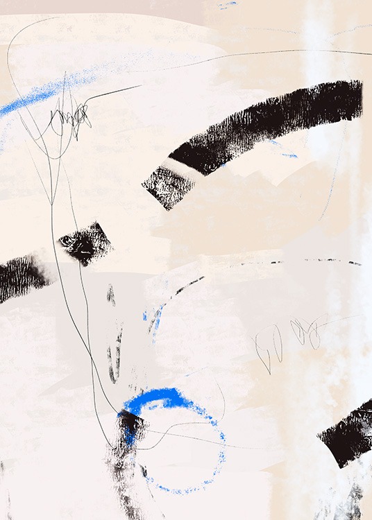  – Maleri med abstrakte linjer i blått og svart, mot en beige, strukturert bakgrunn